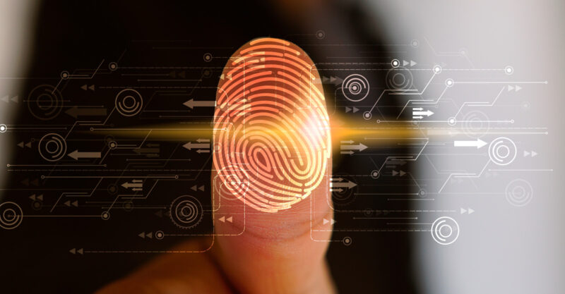 Thumb print against a digital screen.