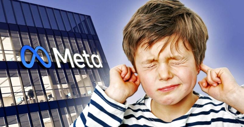 meta building and young boy covering ears