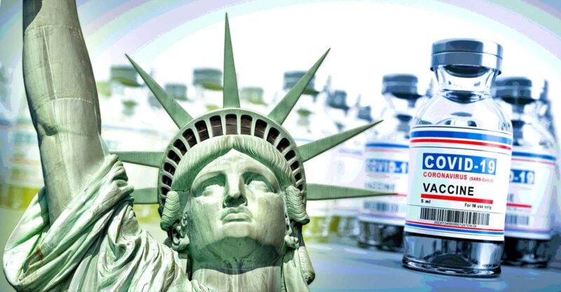covid vaccine and statue of liberty