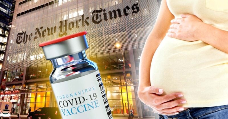new york times building, covid vaccine bottle and pregnant woman
