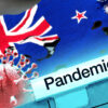 new zealand flag, covid spike protein and words "pandemic plan"