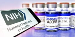 covid vaccine bottle and NIH logo