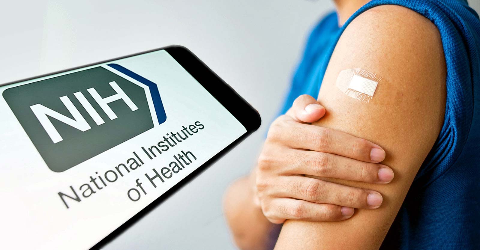 nih logo and bandage over vaccine site on a person's arm