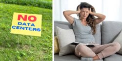 sign that reads "no data centers" and woman covering her ears from loud noise