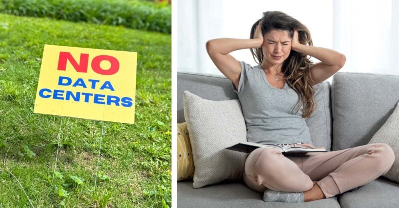 sign that reads "no data centers" and woman covering her ears from loud noise