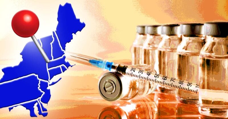 map of Northeast states and vaccine bottles
