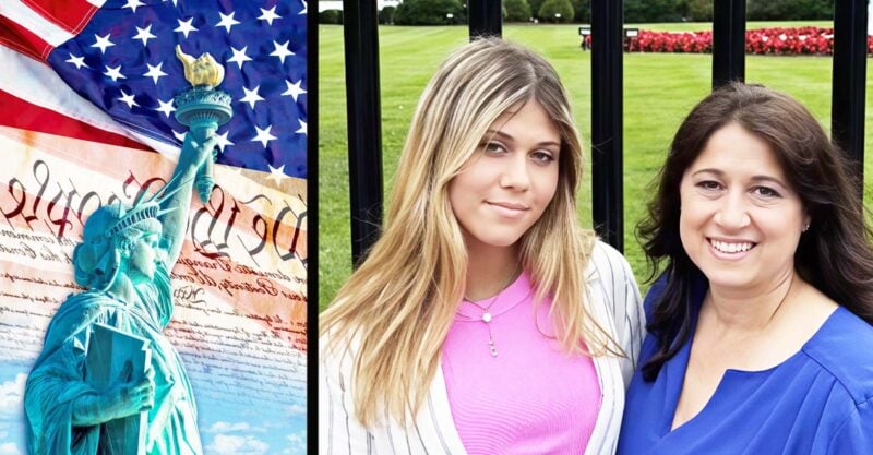 sarah doe and mom on the right and a statue of liberty with American flag on the left
