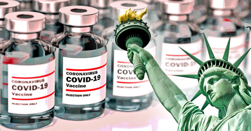 covid vaccine and statue of liberty