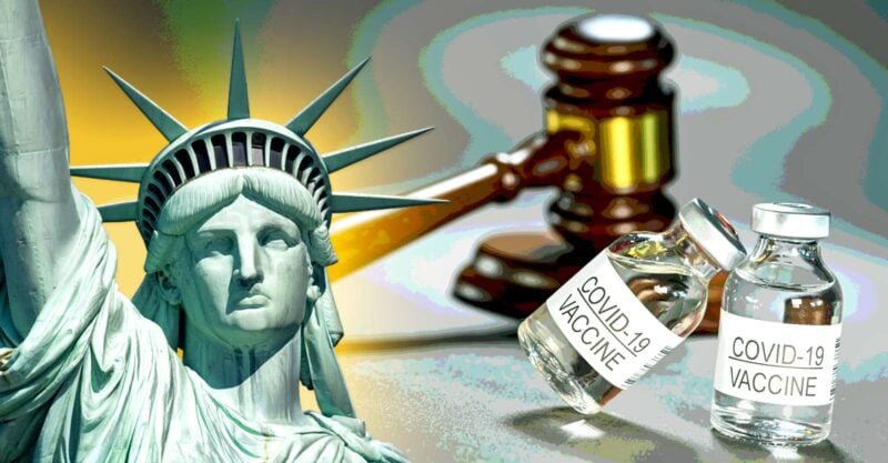 statue of liberty, gavel and covid vaccines