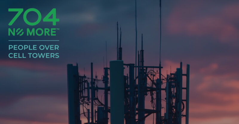 704 No More logo overlayed on an image of a cell phone tower mast.