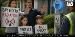 Depiction of family holding signs and the adults holding their hands up against smart meters.
