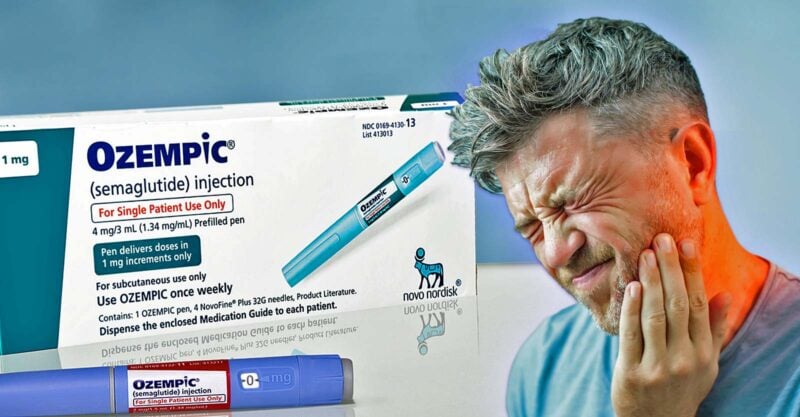 ozempic on the left and a man with a toothache on the right