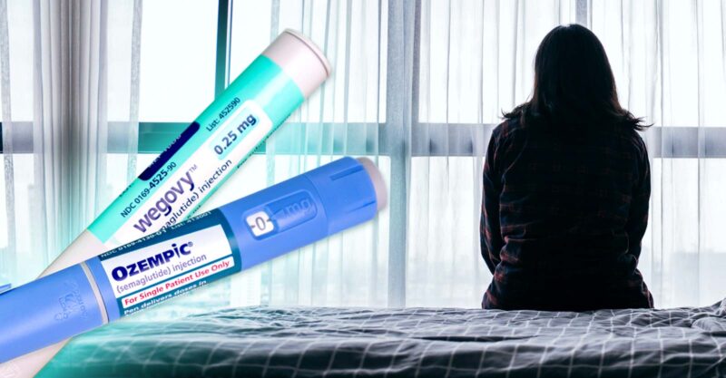 woman staring out window and ozempic and wegovy injections