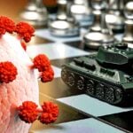 chess board with covid spike protein and military vechicle