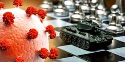 chess board with covid spike protein and military vechicle