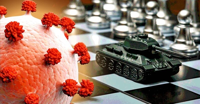 chess board with covid spike protein and military vechicle