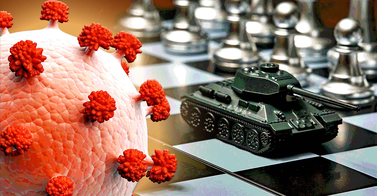 chess board with covid spike protein and military vechicle