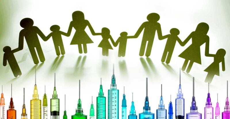 parents silhouette and vaccine syringes