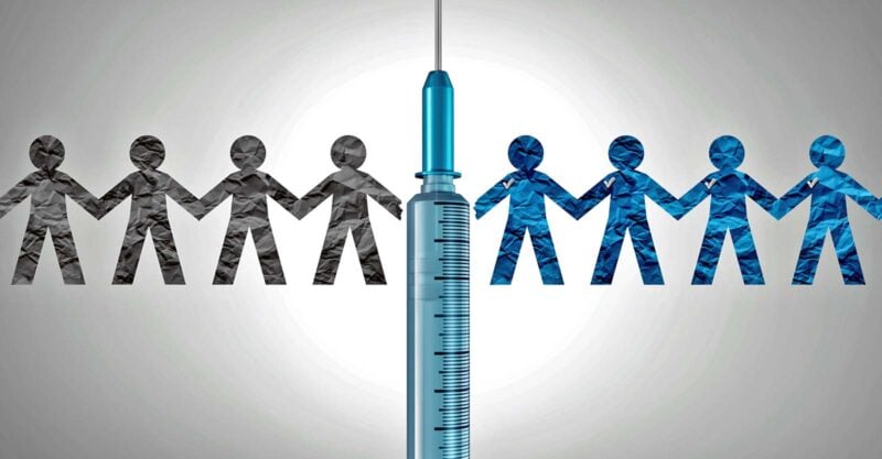 unvaccinated and vaccinated stick figures with a vaccine syringe in between
