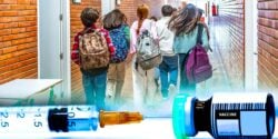 kids in school and vaccine bottle