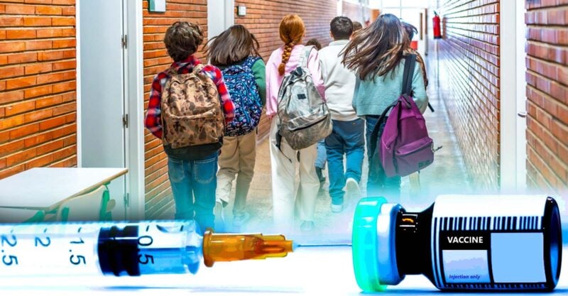 kids in school and vaccine bottle