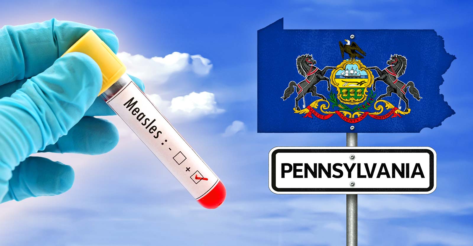 measles positive test and pennsylvania flag