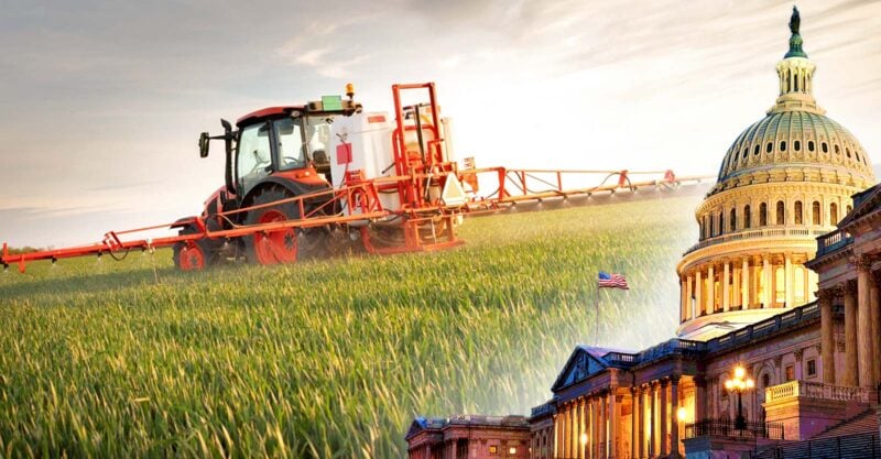 tractor spraying pesticides and the capitol building
