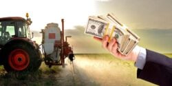 tractor spraying pesticides and business man handing out money