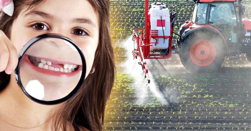 child showing missing teeth and tractor spraying pesticides