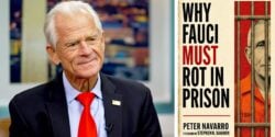 Peter Navarro and book cover "Why Fauci Must Rot in Prison"