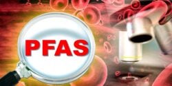 blood under microscope and "pfas" letters