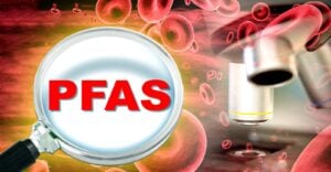 blood under microscope and "pfas" letters