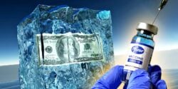 money in frozen ice and pfizer covid vaccine bottle
