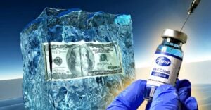 money in frozen ice and pfizer covid vaccine bottle