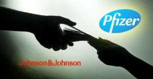 hands exchanging money and pfizer and johnson & johnson logos