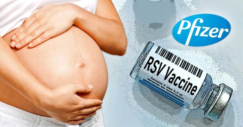 pregnant woman, rsv vaccine bottle and pfizer logo