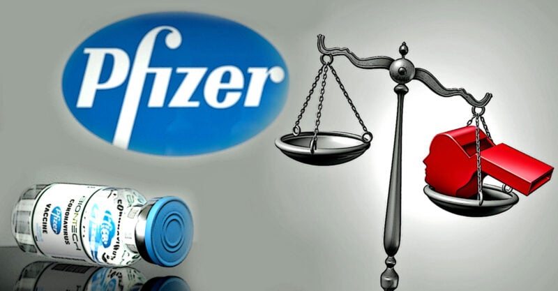 pfizer covid vaccine and justice scales with whistleblower