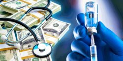 money and a stethoscope and vaccine