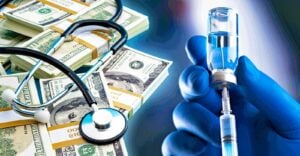money and a stethoscope and vaccine