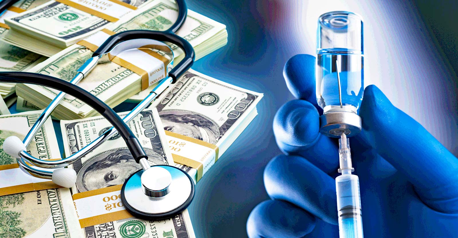 money and a stethoscope and vaccine