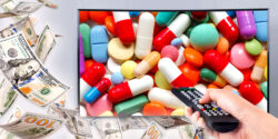 pills on a tv screen and money