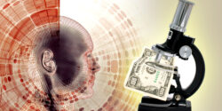 microscope with money and side profile of human head
