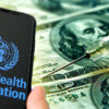 who logo on cellphone and money with vaccine syringe