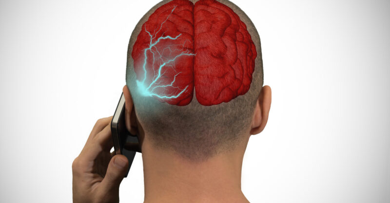 Man holding cell phone to head with graphic overlay showing brain connections being effected.