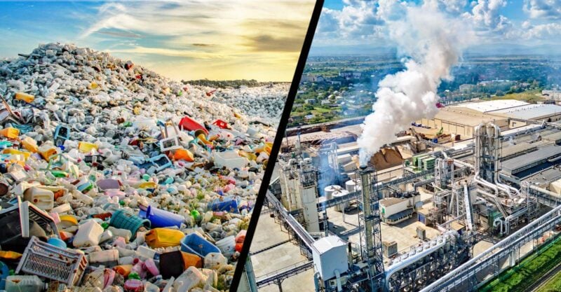 pile of plastic pollution on left and petrochemical plant on the right.