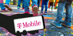 kids on playground and hand holding cellphone with t-mobile logo