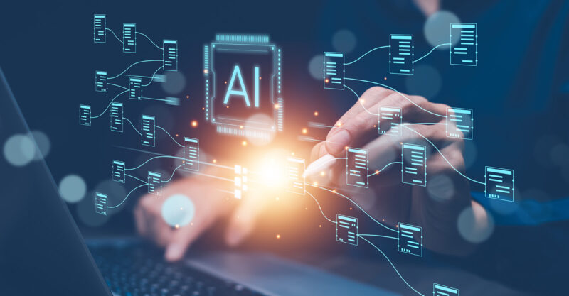 Person working laptops or smartphones with AI.