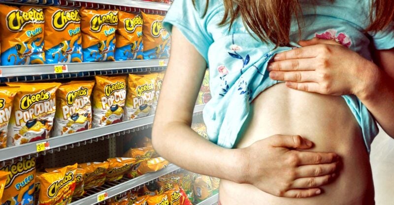 chips at grocery store and girl holding stomach
