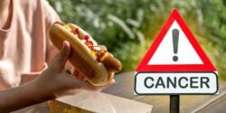 hotdog and warning symbol with word "cancer"