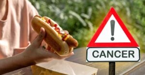 hotdog and warning symbol with word "cancer"